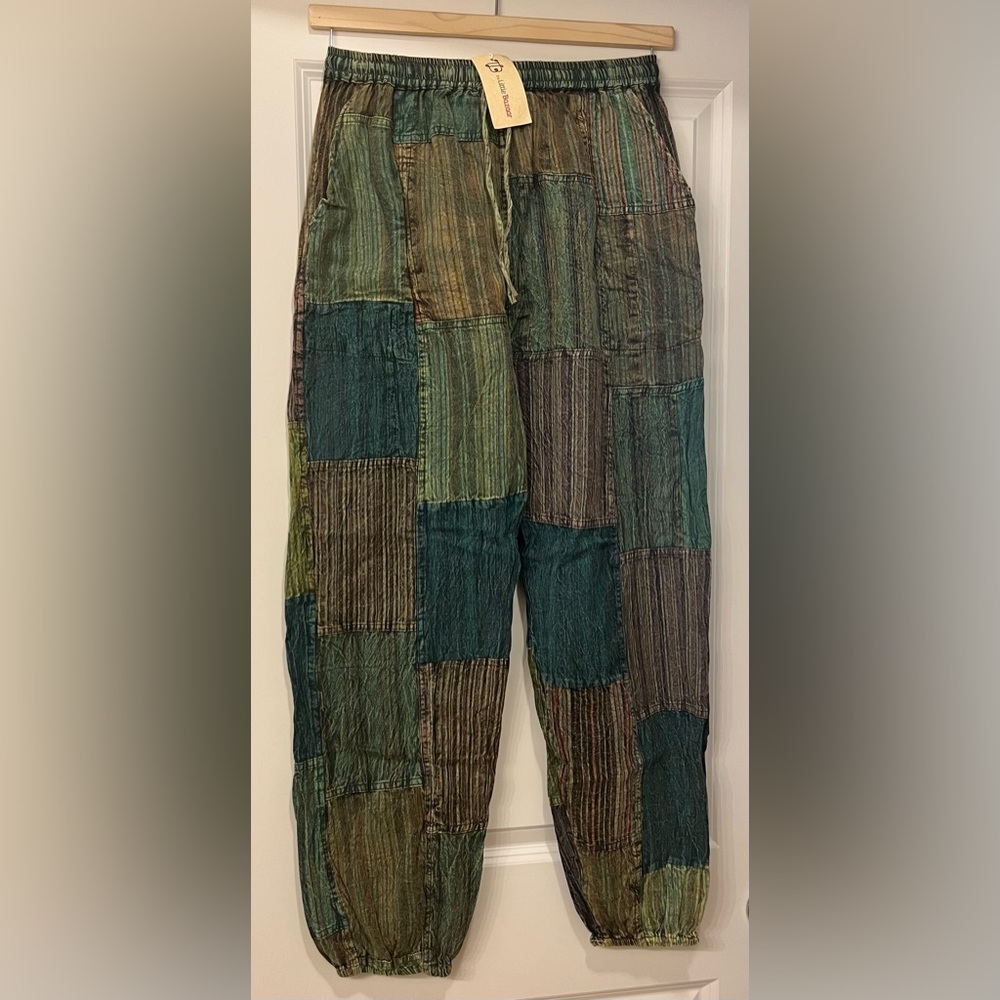 Patchwork Harem Pants - 100% Cotton in multi color Green - The Little Bazaar